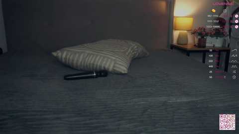 Media: A dimly lit bedroom with a gray-striped pillow on a dark gray bed. A black microphone is on the pillow. In the background, a nightstand with a lamp and flowers is visible.