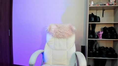 Video of a plush, cream-colored armchair with a fluffy pink pillow, purple lighting, and a pink cat toy on a white bookshelf with cameras and other items.