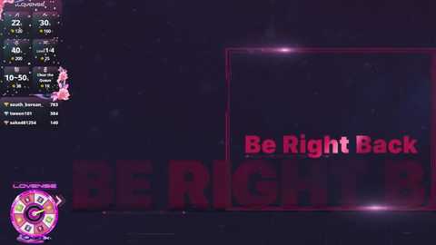 Media: A digital image featuring a dark purple background with \"Be Right Back\" in large red letters. Left side shows a clock with time and weather information. Lower left corner has a colorful logo.