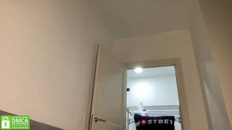 Media: Video of a narrow, white-painted hallway with a closed white door on the left and a partially open door on the right, revealing a laundry room with a \"Dyson\" sign.