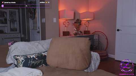 Video of a cozy living room with a beige sofa, two matching lamps, a decorative basket, and a \"Happy Birthday\" pillow.