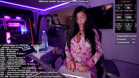 A video captures a woman with long black hair, wearing a Hello Kitty pajama set, playing a keyboard in a dimly lit room. Text overlays show Twitch chat messages.