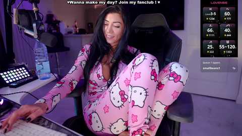 Video of a woman in pink Hello Kitty pajamas, typing on a computer, in a dimly-lit room with a monitor showing a live stream.