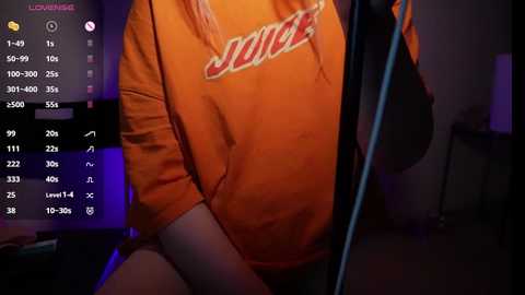 Media: A close-up video of a person wearing an orange sweatshirt with \"JACK\" in red, sitting in a dimly-lit room with a TV screen displaying a chat interface.