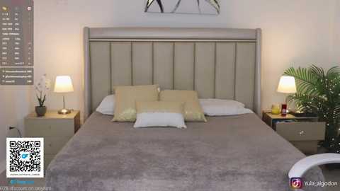 Video of a modern bedroom with a beige headboard, light gray bedspread, two matching nightstands, a green plant, and a framed abstract painting.