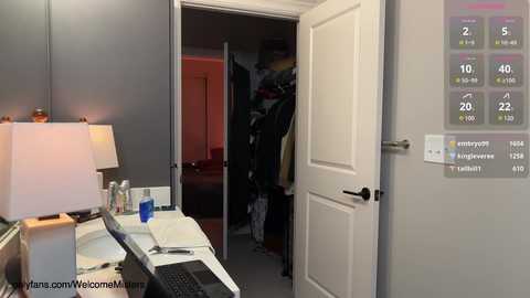 Media: Video of a dimly lit bedroom with a partially open door revealing a cluttered closet; a desk with a laptop, papers, and a lamp on the left, a weather forecast on the right wall.