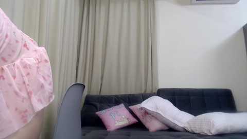 Media: A video of a minimalist living room with a gray sofa, white pillows, and beige curtains. A pink shirt is partially visible on the left.