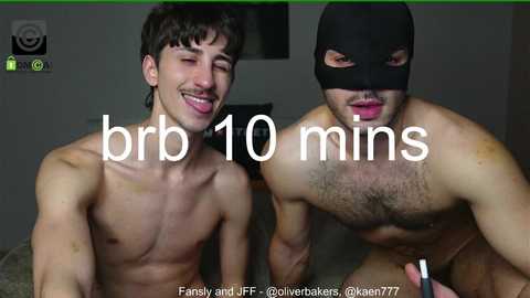 Video of two young, shirtless men with different body types, one with a lean build, the other muscular, both wearing black masks. Text overlays \"bbr 10 mins\" and \"Fansly @Iffy_Followers.\