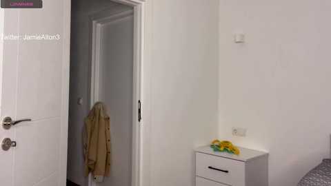 Media: Video of a minimalist, modern bedroom with white walls and a partially open door. A coat is hanging on a hook, and a white nightstand holds a bouquet of yellow flowers.