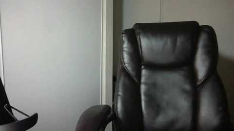 Media: Video of a black leather executive office chair with high backrest and armrests, positioned against a plain, light-colored wall, with a hint of a desk and a chair partially visible in the left background.