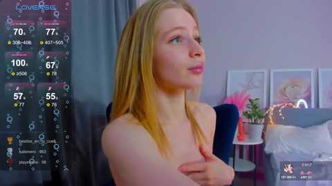 Media: A video of a topless, fair-skinned, blonde woman in a dimly lit room, with a virtual weather overlay on the left side.