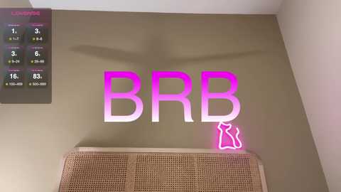 Media: Video of a beige wall displaying \"BRB\" in neon pink letters, with a silhouette of a woman's head in the same color. A digital clock with a green background and white numbers is visible in the upper left corner.