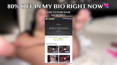 Video of a blurred, naked woman with a phone displaying an \"80% OFF\" discount on \"OMNIBILLE\" lingerie. Background indistinct. Text overlay: \"How to PURCHASE.\