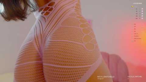 A video of a woman's upper body in a white, fishnet top, highlighting her large, round breasts. The background is blurred, with a soft pink hue. The image is titled \"Noodle Girl\" and features a watermark.