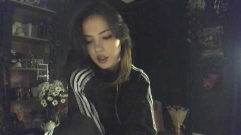 Video of a young woman with shoulder-length brown hair, wearing a black Adidas jacket, in a dimly lit room with shelves full of knick-knacks and a vase of white flowers.