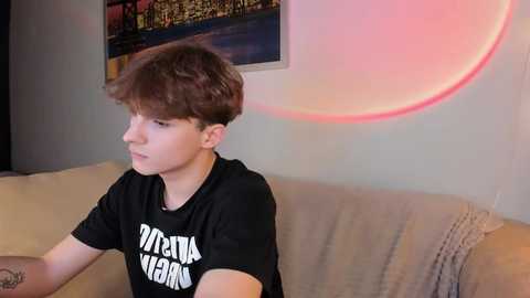 Media: Video of a young boy with light skin and short brown hair wearing a black T-shirt with white text, sitting on a beige couch. Background shows a framed cityscape painting and a soft pink circular light.