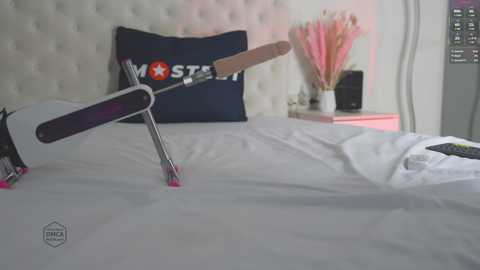 Video of a bed with white sheets, a pillow with \"STAR\" text, and a pair of fake penises on top of the bed, set in a modern, brightly lit bedroom.