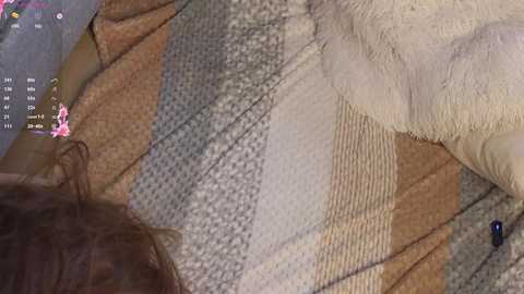 A video of a child with messy brown hair lying on a plaid-patterned blanket, wearing a gray shirt, holding a pink toy. The background shows a beige blanket with a textured surface.