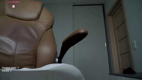 A video of a tan leather office chair in a dimly lit room, with a wooden door slightly open on the right. The room has a plain, light gray wall and a white carpet.