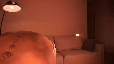 A dimly lit video of a modern living room with a beige couch, a decorative lamp, and a plush cushion. Warm, ambient lighting creates a cozy atmosphere.