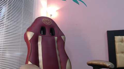 Video of a maroon and beige gaming chair with a logo against a pink wall, next to a window with blinds and a black-framed mirror.