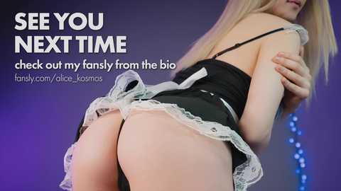 Video of a blonde woman in a black maid outfit, lifting her skirt to reveal her bare buttocks, with text overlay about her fan page.