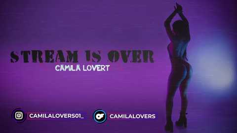 Media: Video of a nude, curvy woman with long brown hair, standing in a sensual pose against a purple backdrop. Text reads: \"STREAM IS OVER Camila Lover.\