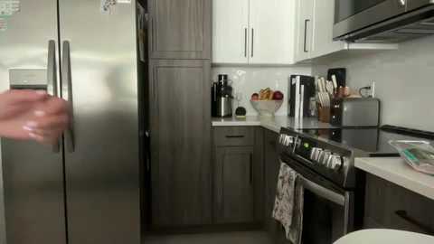 Media: A video of a modern, minimalist kitchen featuring stainless steel appliances, white cabinetry, and a countertop filled with a fruit bowl, coffee maker, and utensils. A person's hand is opening a fridge door.