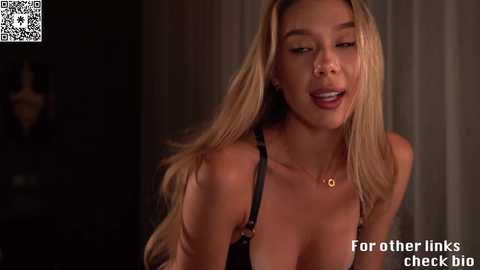 Video of a blonde woman in a black bra, leaning forward, lips parted, with dimly lit curtains in the background. Text: \"For other links check big.\