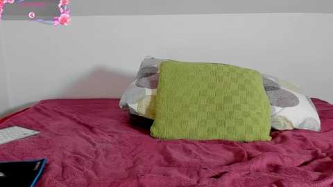 Media: A video of a neatly made bed with a red quilt, a green pillow, and a patterned pillowcase in shades of white and gray. The bed sits against a white wall, with a pink flower wreath in the top left corner.