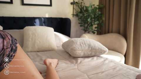 Video of a beige upholstered bed with a large plush pillow, a potted plant, and beige curtains in a warmly lit room.