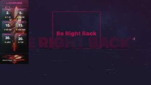 Media: A digital screenshot of a game app titled \"Love Back,\" displaying a dark, moody background with \"Be Right Back\" text, accompanied by a character selection menu on the left.