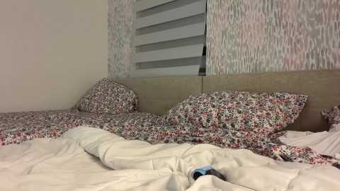 Media: Video of a messy bedroom with floral-patterned bed linens, beige headboard, and partially open blinds.