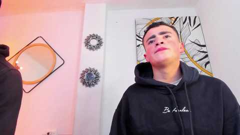 Media: Video of a young, light-skinned man with short, dark hair, wearing a black hoodie, standing in a modern, minimalist room with white walls and abstract art.