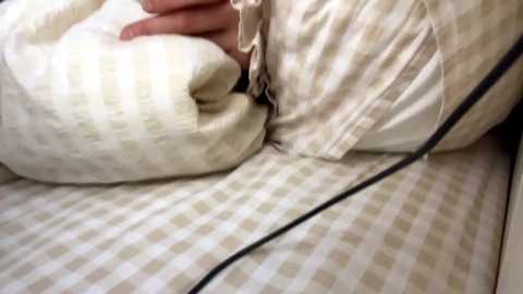 Media: Video of a person's hand and a white pillow with a black cord in a cozy, dimly lit bedroom, emphasizing comfort and simplicity.