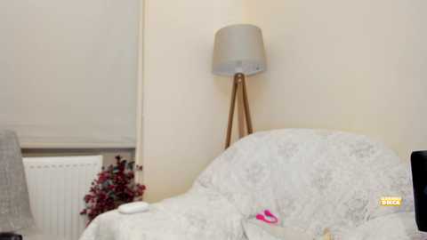 Media: A video of a cozy living room corner featuring a white, fluffy armchair with a pink throw, a wooden tripod lamp, and a small potted plant with red flowers on a radiator.