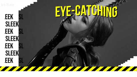 A black-and-white video with a monochrome background features a woman with long hair, wearing a leather jacket, holding a microphone. The text \"EYE-CATCHING\" is bold and yellow, with a yellow and black striped border below.