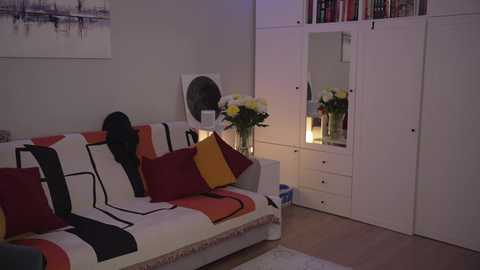 Media: Video of a cozy, modern living room with a white sectional sofa adorned with geometric-patterned cushions, a white bookcase, and a mirror. A vase of yellow flowers adds a pop of color.