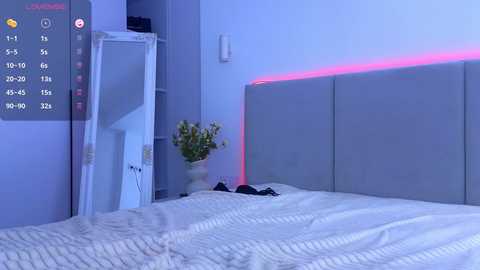 Media: Video of a minimalist bedroom with a grey upholstered headboard, white bedspread, a vase with yellow flowers, and a standing mirror on the left.