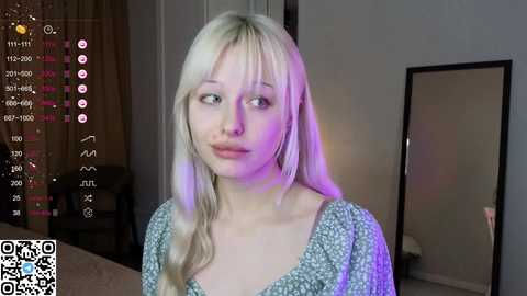 Video of a young woman with platinum blonde hair, light skin, and small breasts, wearing a floral dress, indoors with a digital overlay showing live stream statistics.