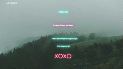 Media: A video of a foggy mountainous landscape with glowing green and pink text messages, \"I love you\" and \"XOXO,\" superimposed.