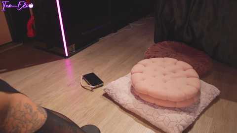 Media: A video of a woman sitting on a wooden floor with a pink, tufted cushion on a pink quilt, holding a smartphone.