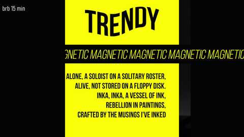 Media: A digital graphic with a bright yellow background and bold black text reading \"TRENDY 1.5 MIN. ONE MAGNETIC MAGNET.\" The text is centered, with a smaller, darker yellow caption underneath.