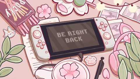 Media: A digital drawing featuring a Nintendo Switch console on a pink surface, surrounded by pastel-colored flowers, a cat plush toy, a photo, and a pink purse. The console screen displays \"BE RIGHT BACK.\