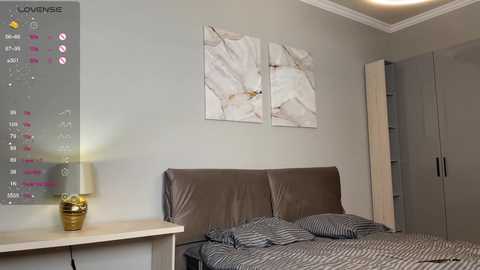 Media: Video of a modern bedroom with a grey wall, a brown leather headboard, two abstract floral paintings, a calendar, a minimalist nightstand with a gold lamp, and a grey wardrobe.