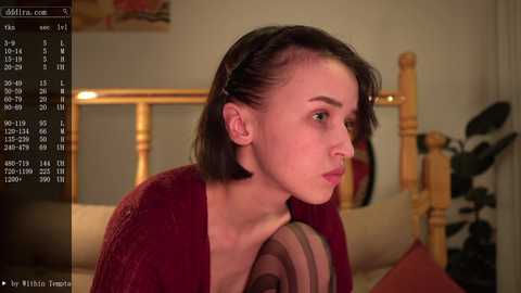 Media: Video of a young woman with shoulder-length dark hair, wearing a red sweater, sitting on a wooden bed with striped pillows. Background includes a potted plant and a floral painting.