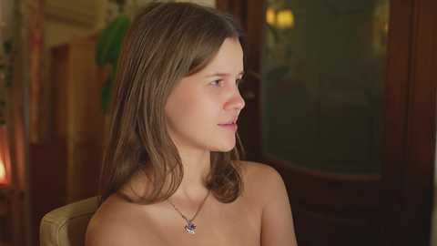 Media: Video of a young Caucasian woman with light skin and shoulder-length brown hair, wearing a silver necklace, sitting indoors by a window.