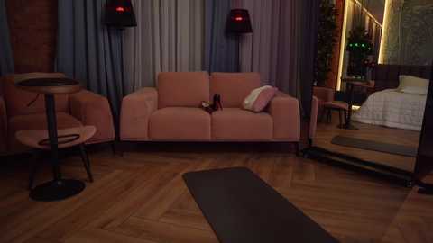 Media: Video of a modern, cozy living room with pink sofa, wooden floor, black lamps, and a bed visible in the background.