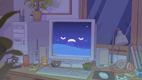 Media: A cozy, detailed digital drawing of a bedroom desk with a CRT monitor showing a cute, sleeping cat avatar, surrounded by books, plants, and a potted cactus.