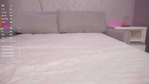 Media: Video of a modern, minimalist bedroom with a gray upholstered headboard, white bedding, and a small white nightstand. The background features a textured, light gray wall with soft purple ambient lighting.